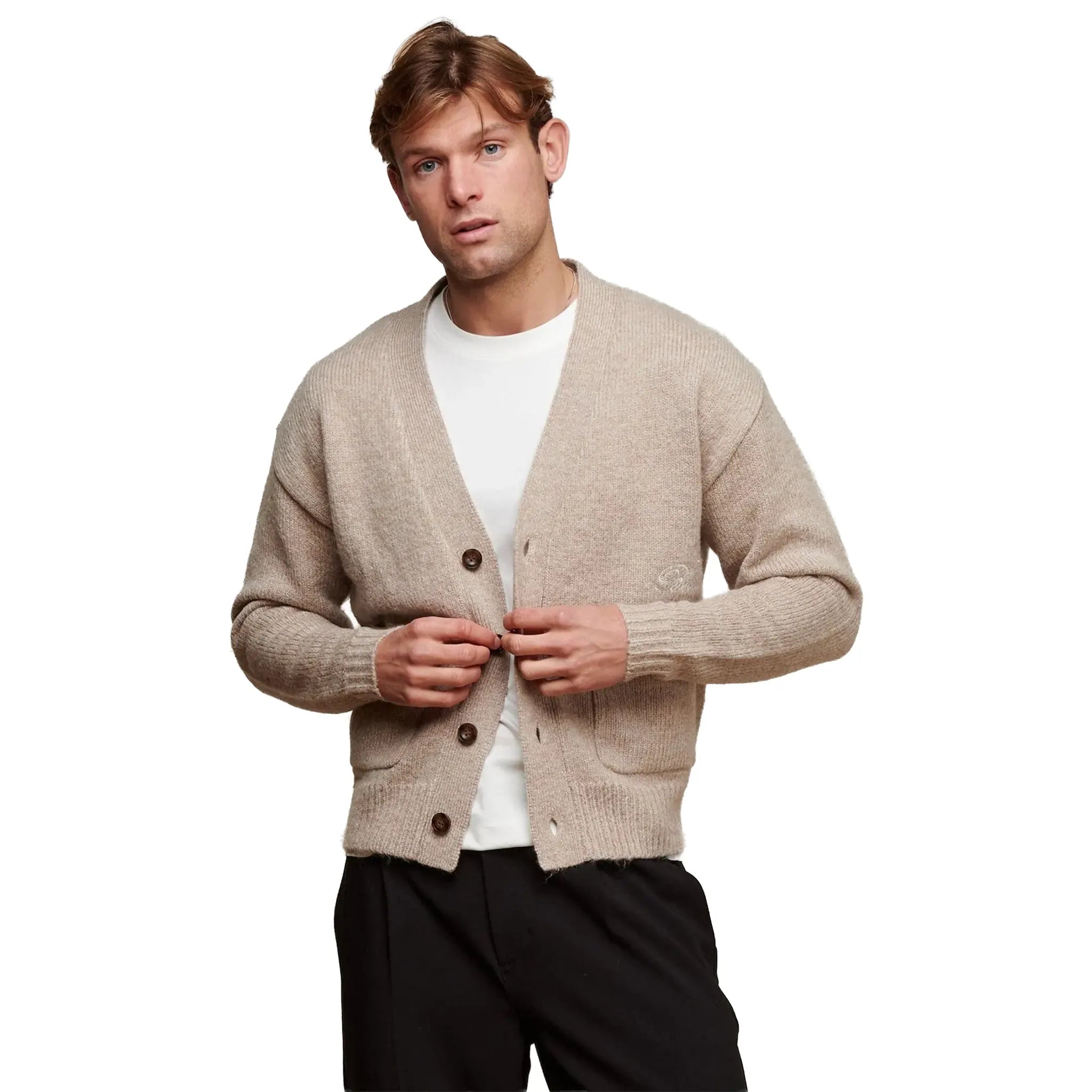Front View of Belier Relaxed Fit Knitted Beige Cardigan